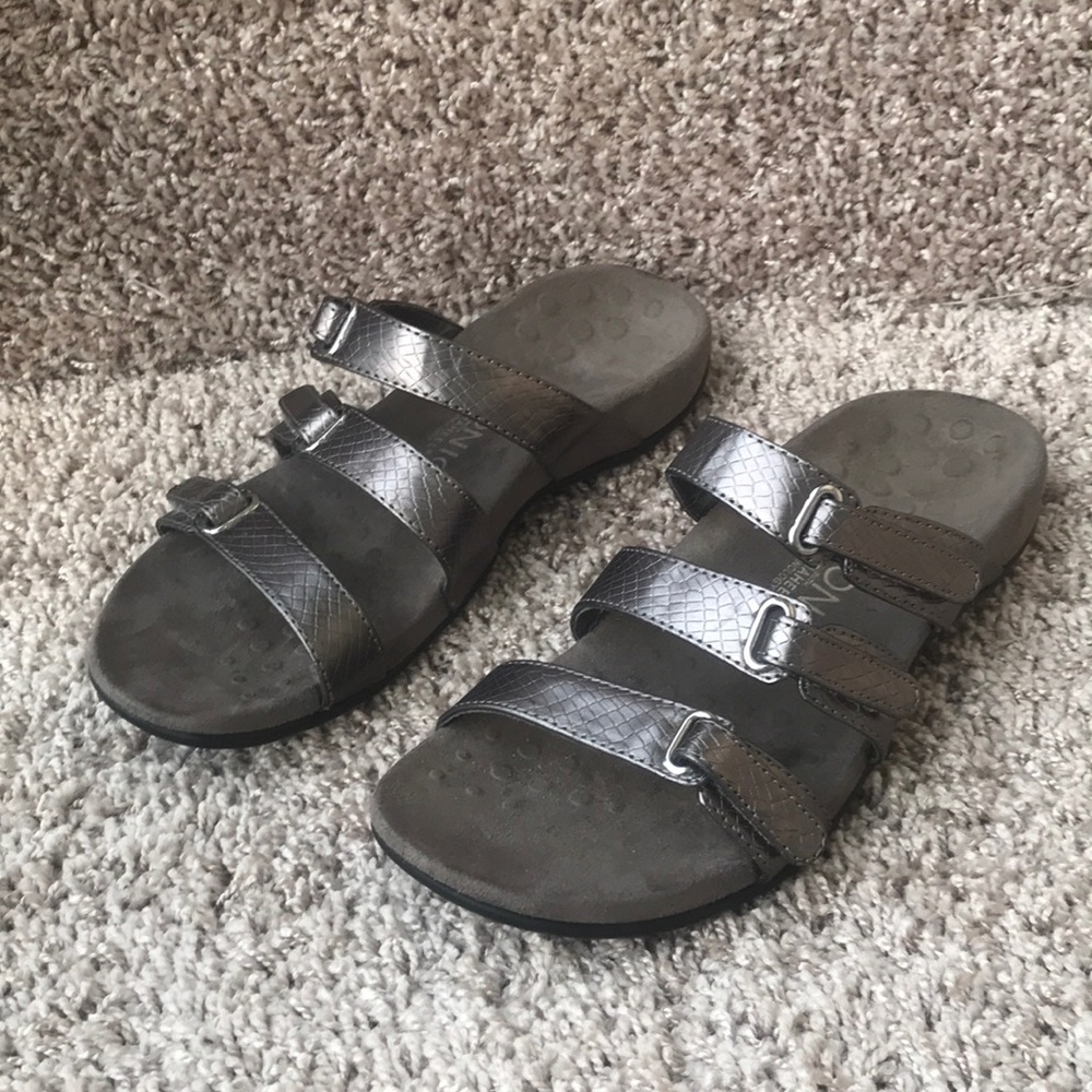 Vionic Women's Triple Strap Slide Sandals in Silver/ Gray